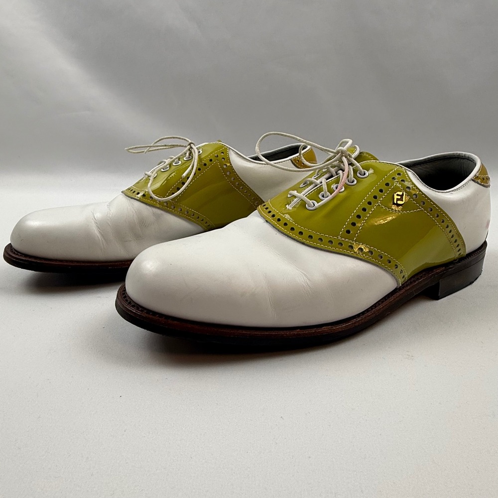 FootJoy Premiere Classics Dry Mens 9.5 D White Green Orange Saddle Golf Shoes